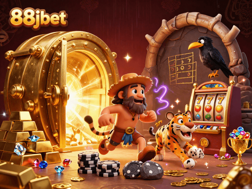 Experience thrilling gameplay at 88jbet with a lively prehistoric casino scene featuring stone poker chips and captivating characters.