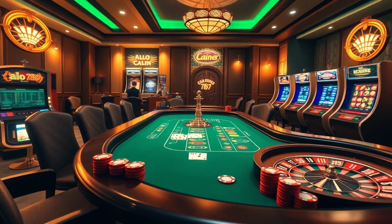 A high-stakes gambling setup at alo 789 showcases poker chips and a spinning roulette wheel, creating a thrilling atmosphere.