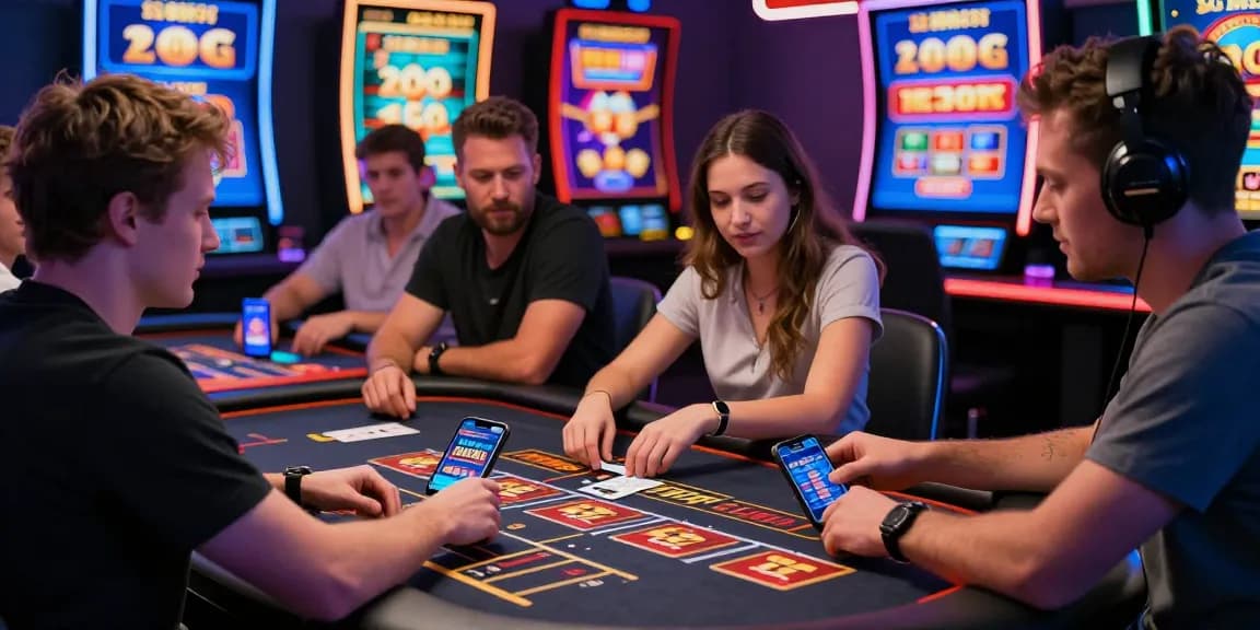 Credit card casino scene with diverse players enjoying various games and bonuses in an engaging online gambling environment.