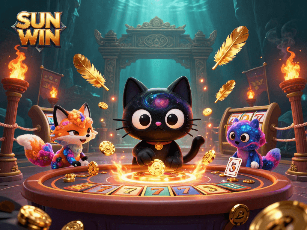 Engage with SUN WIN at a cosmic casino where vibrant characters pull in golden chips and cards.