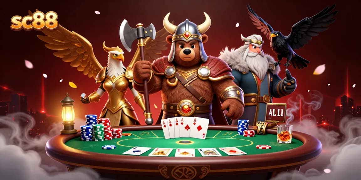 Play exciting poker at sc88 with a dynamic scene featuring a Viking bear, Valkyrie eagle, and glowing elements.