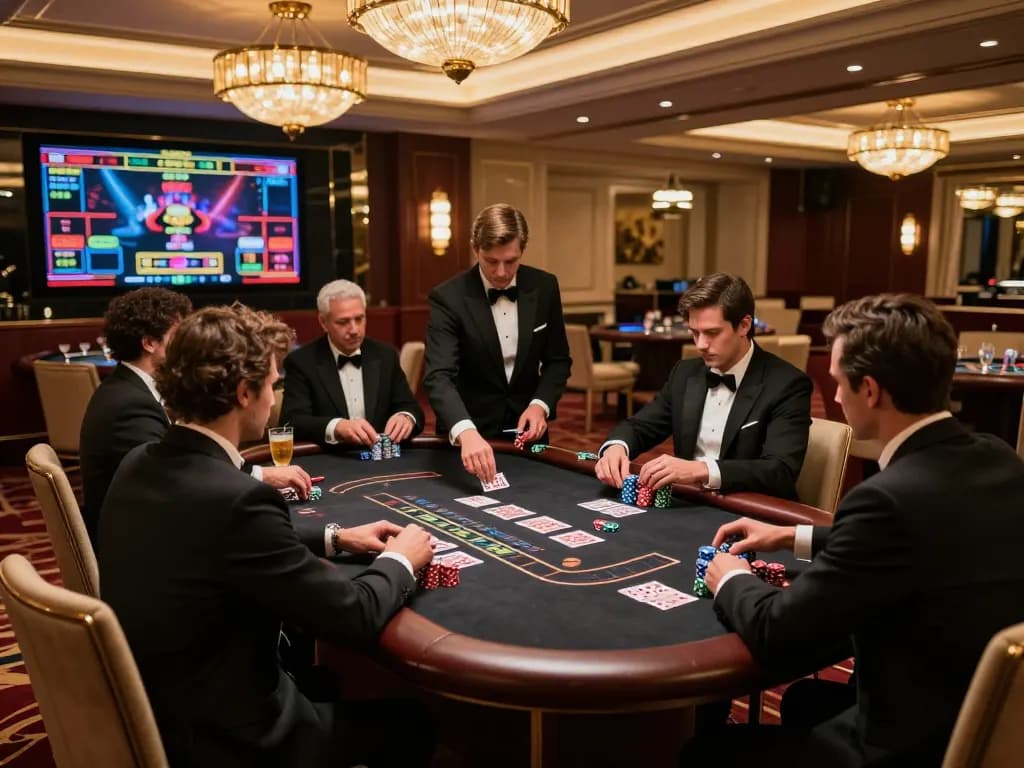Experience vin88 vip blackjack in an upscale casino's elegant VIP room with intense gameplay.
