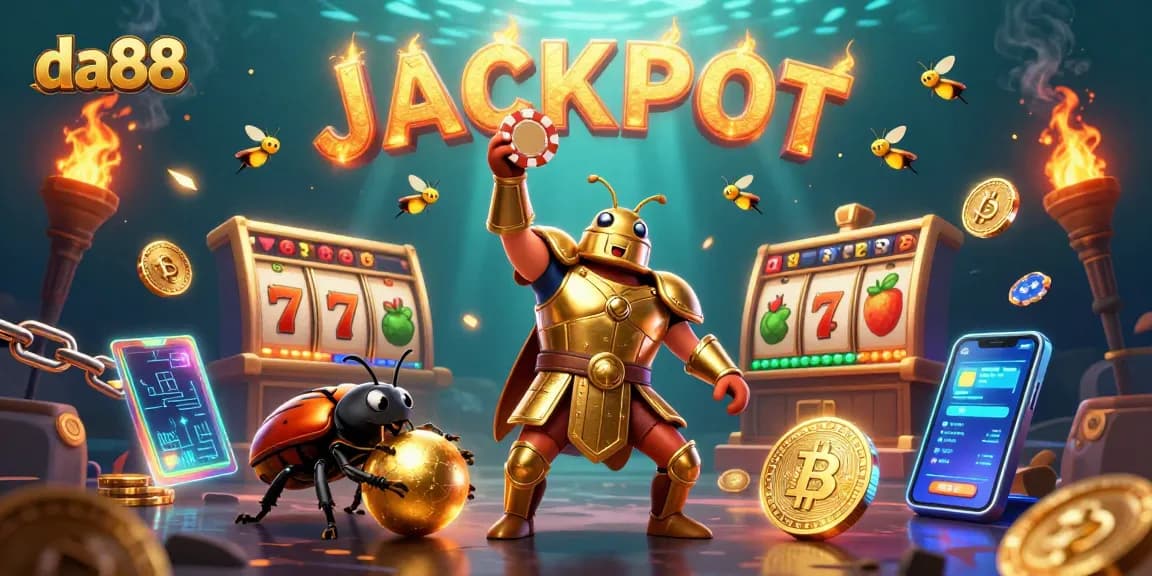 da88 showcases a victorious beetle in sparkling casino scenes celebrating with jackpots and cryptocurrencies.