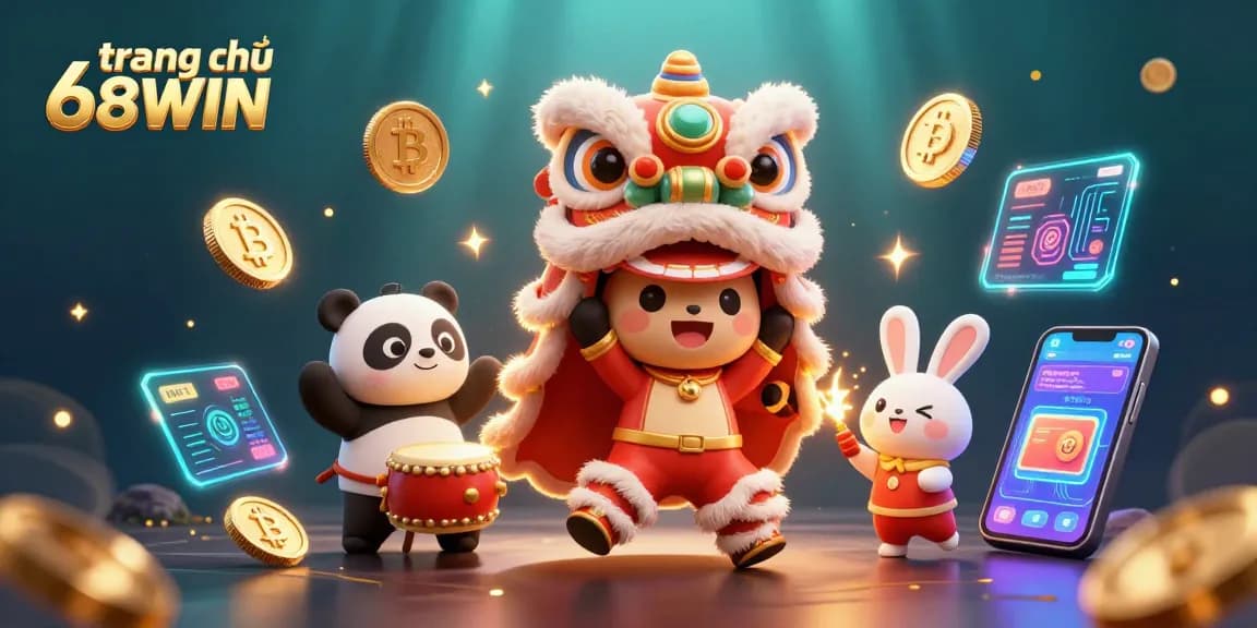Engage with the vibrant trang chủ 68WIN scene featuring a lion dance and crypto elements.