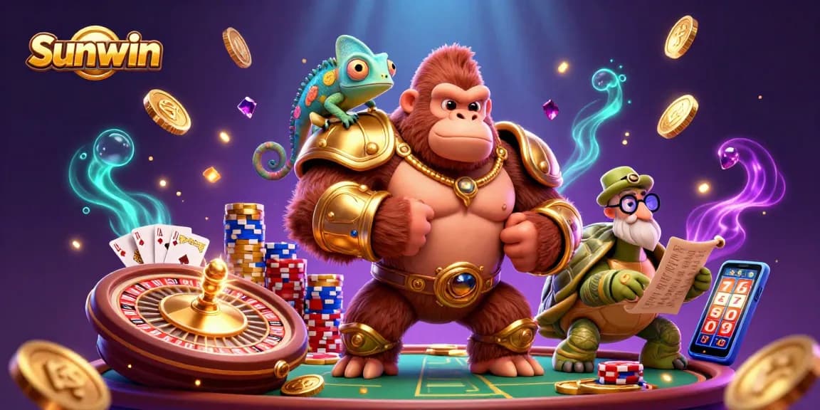 Experience the thrilling casino adventures at Sunwin with a vibrant 3D illustration full of action and excitement.