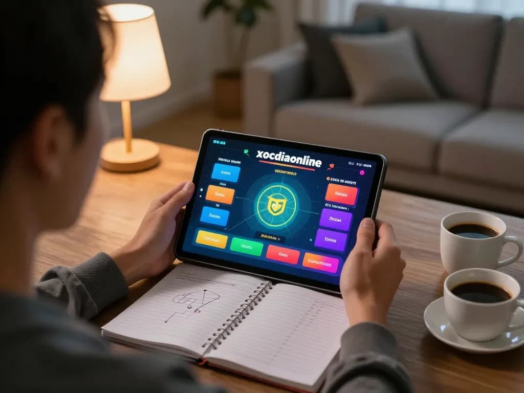 xocdiaonline player engaging in online gambling with tablet in a cozy home setting