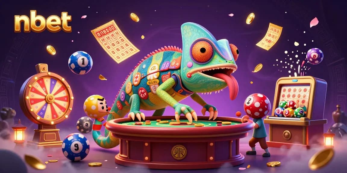 Experience vibrant jackpot excitement at nbet with colorful lottery elements and a dynamic chameleon.