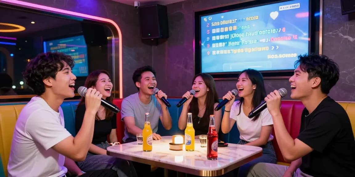 다낭 가라오케에서 친구들과 즐거운 시간을 보내는 모습.