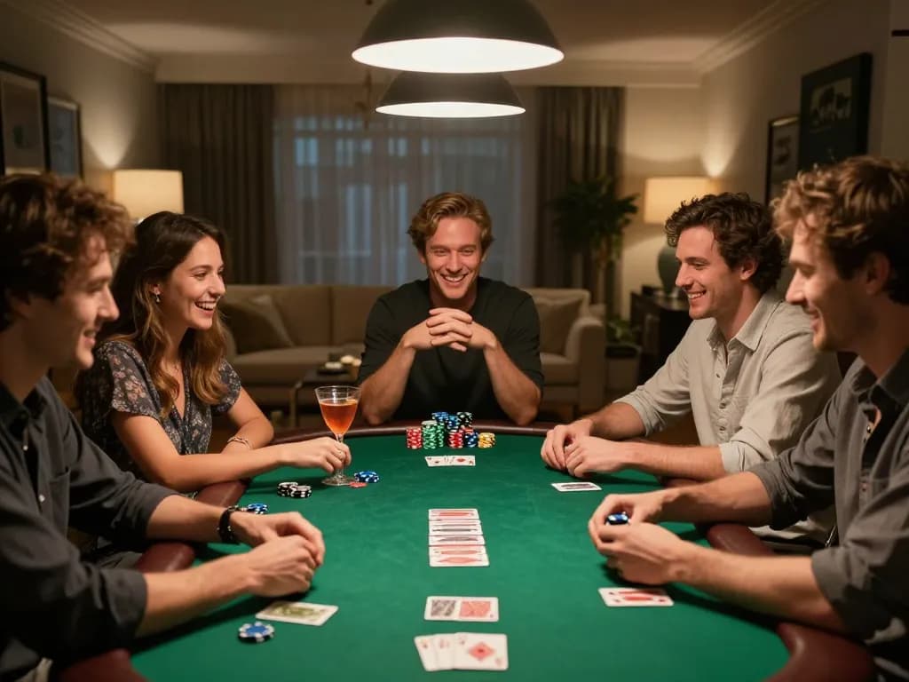 Engaging poker night with friends at home, featuring https://88vv1.co.com/ card gameplay and strategic discussions.