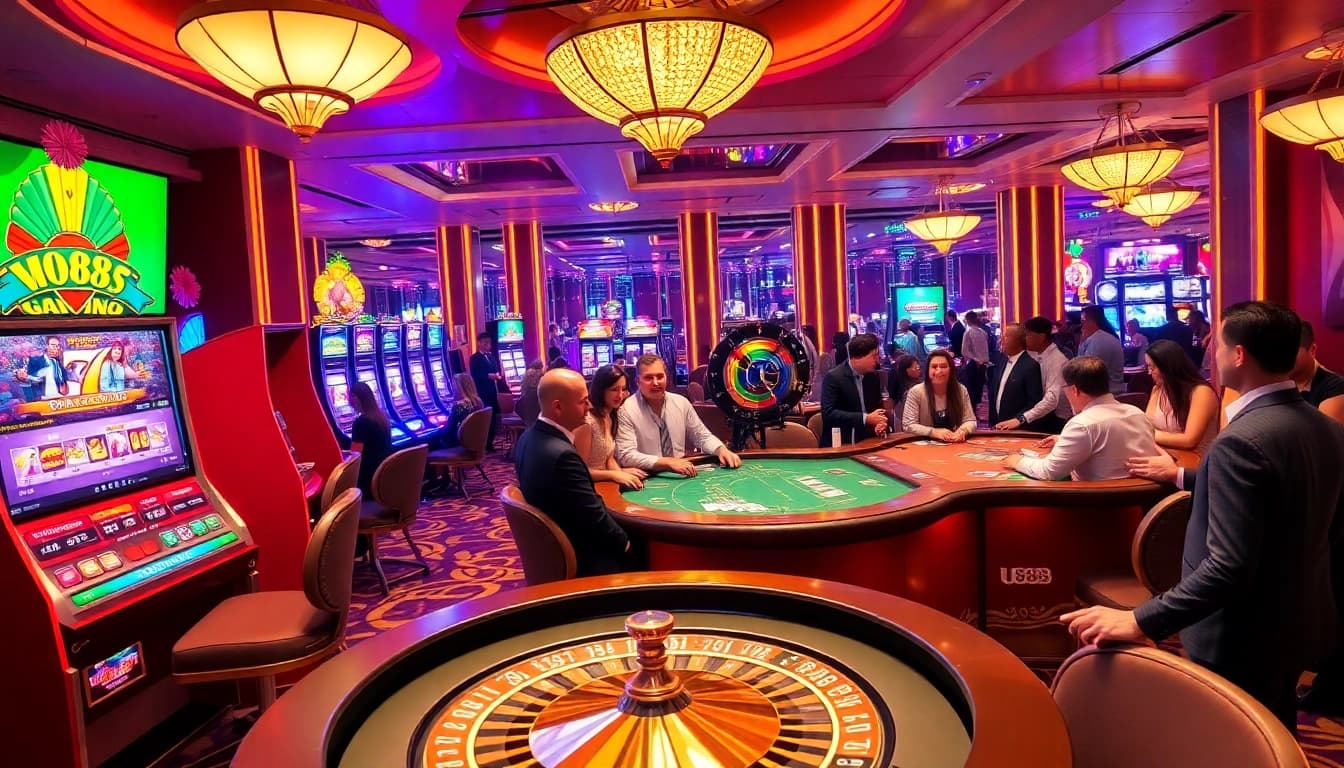 Engaging players in a lively U888 casino atmosphere, featuring slot machines and poker tables.
