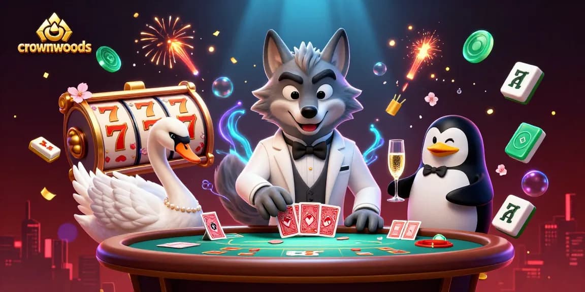 Crownwoods showcases a vibrant casino scene featuring a debonair wolf, elegant swan, and penguin sommelier celebrating at a baccarat table.