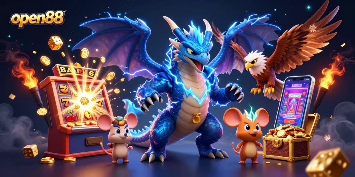 Experience thrilling wins with open88 in this dynamic 3D casino illustration packed with exciting elements.