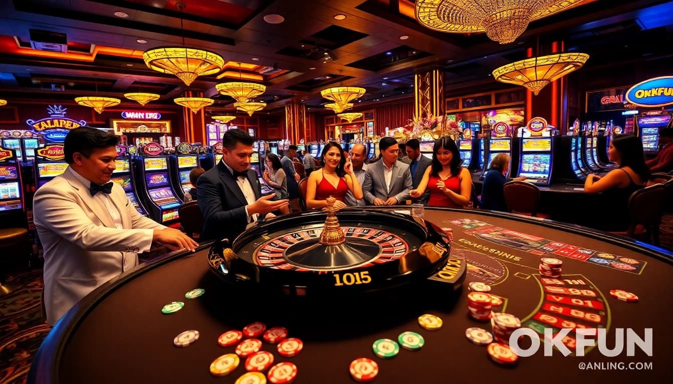 Excited players enjoying a game at OKFUN's vibrant casino table with chips and cards.