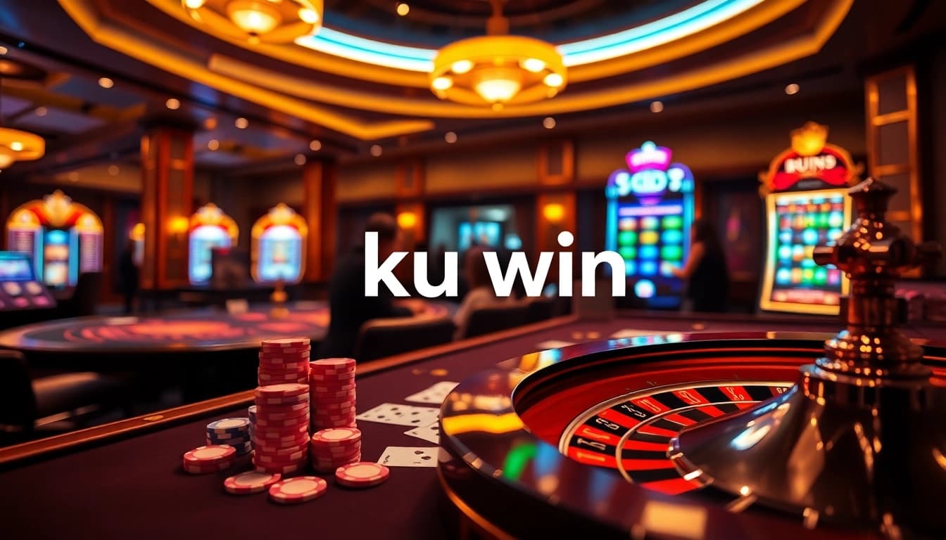 Kuwin casino scene with vibrant poker chips and dealer interaction at a luxurious gambling table.