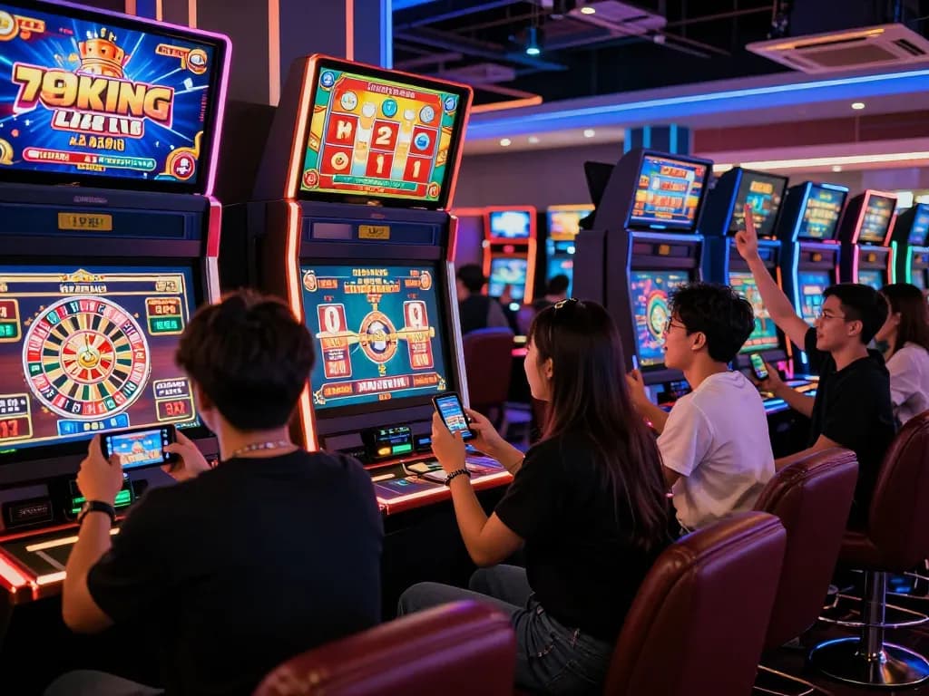 Engaging scene of players enjoying online casino games at Nhà cái 79KING with vibrant lighting and dynamic atmosphere.