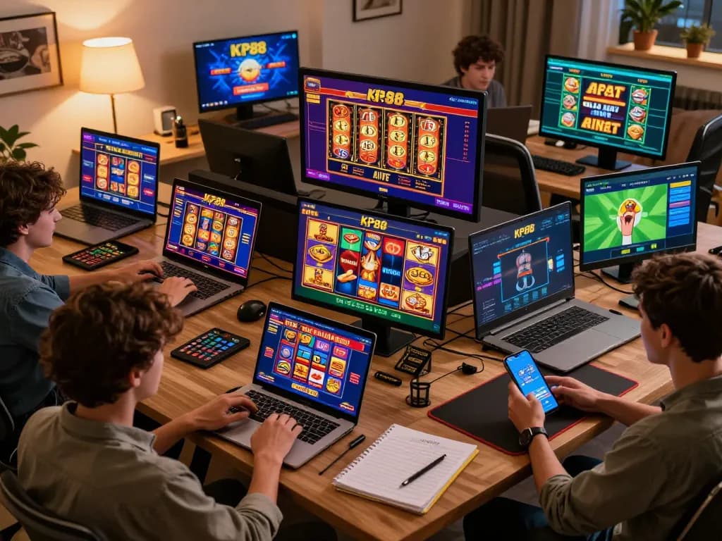 Players engage in online gambling at KP88, demonstrating diverse gaming options in a vibrant home setting.