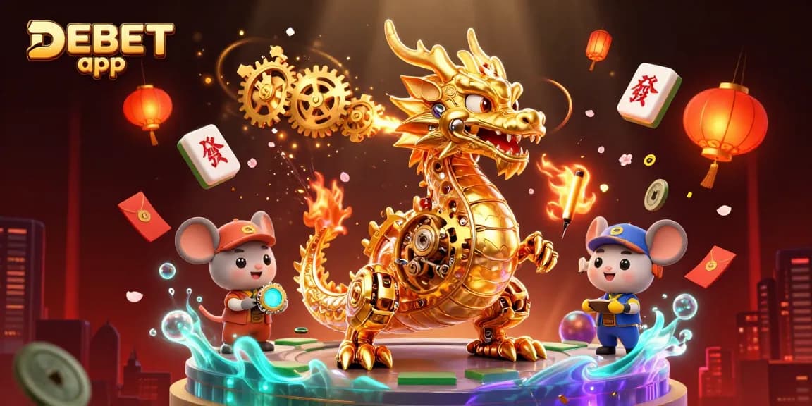 Experience thrilling gaming excitement with the DEBET app featuring a dynamic 3D dragon and casino elements.