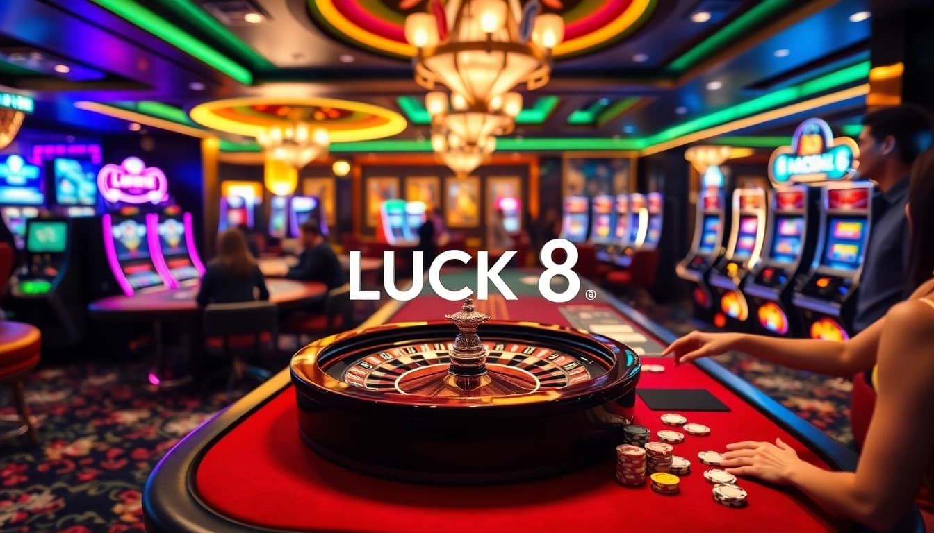 Engage with LUCK 8 at a vibrant casino featuring roulette, poker, and luxury decor.
