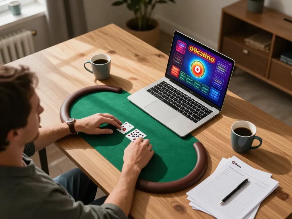 Person strategizing on o8casino poker game at home workstation, laptop screen illuminating focused expression.