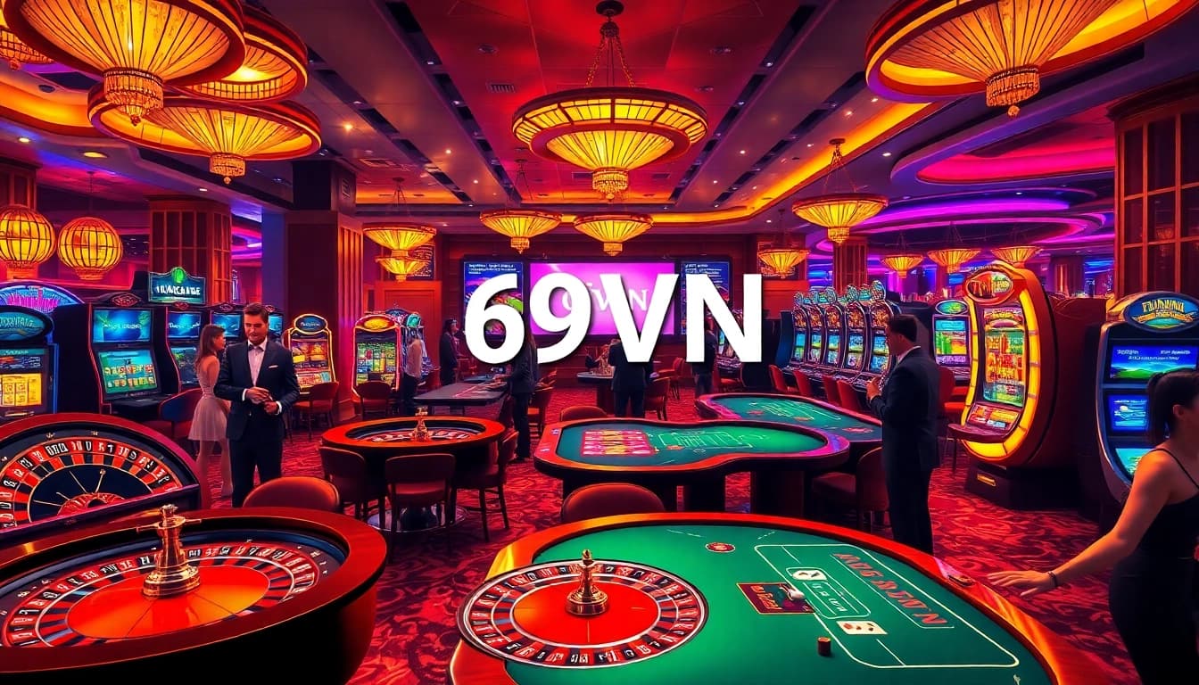 Exciting casino scene featuring vibrant gaming elements at 69VN with lively players enjoying their bets.