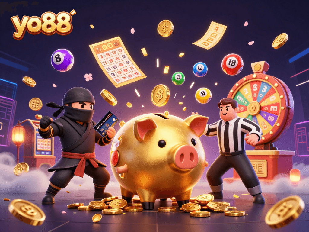 yo88 casino scene with gold piggy bank sumo wrestler, wallet ninja, and referee amidst exciting gaming elements