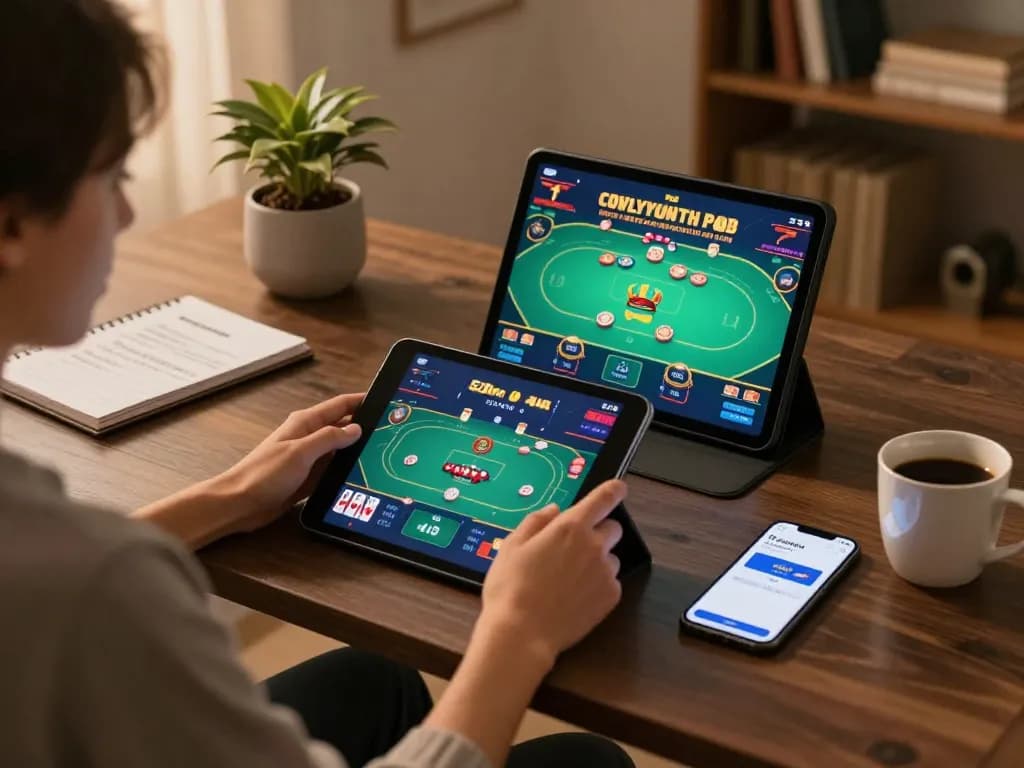 Engaging in đăng nhập 33win for online gaming, showing a cozy setup with a tablet and strategy notes.