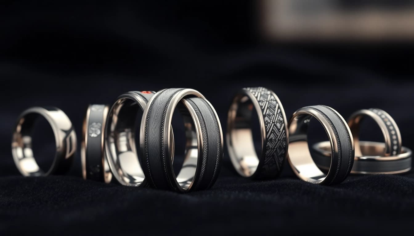Tungsten rings displayed elegantly on velvet, showcasing intricate designs and polished finishes.