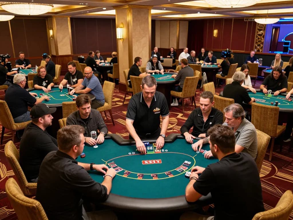 Vuabet88 players engaged in an intense poker tournament at a vibrant casino, creating excitement and competitive spirit