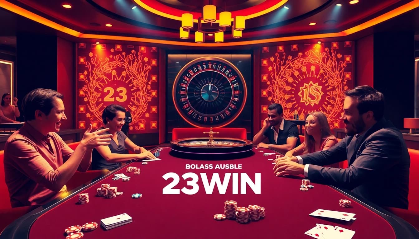 Experience the thrill of betting at 23WIN's luxurious casino table with poker chips and cards.