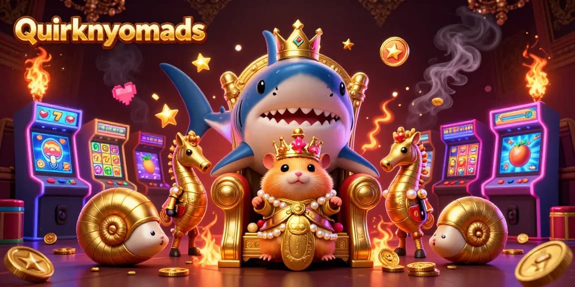 Engage with quirkynomads' vibrant 3D casino scene featuring a golden hamster king and exciting slot elements.