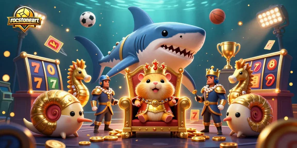 Engage in thrilling slot gaming with rocstoneart's vibrant underwater scene featuring a hamster king and dynamic casino elements.