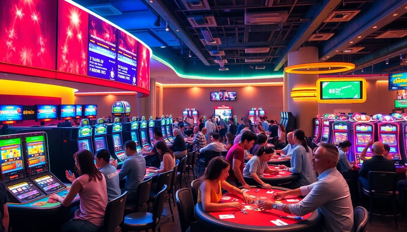 Exciting casino scene at 98win showcasing diverse players engaged in gaming activities.