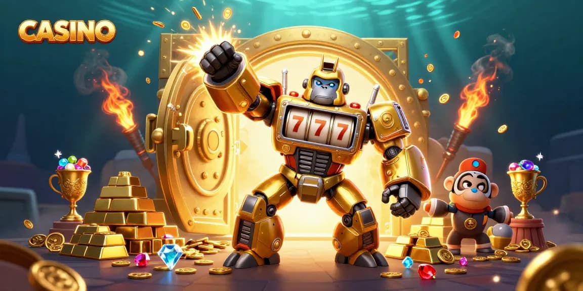 Engage in the vibrant CASINO scene with a dynamic golden gorilla mech and treasures.