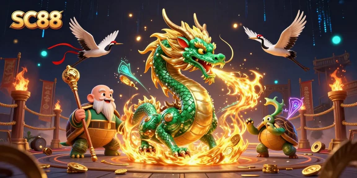 SC88 captivating online casino illustration featuring a jade dragon and lucky cranes