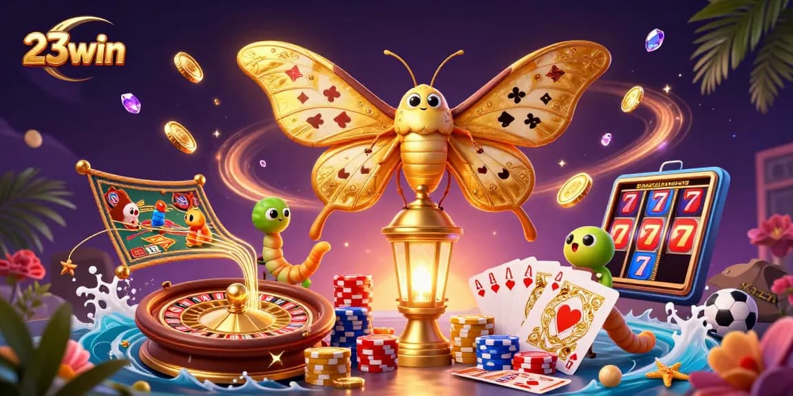 Experience thrilling gaming at 23win with a colorful casino scene featuring vibrant characters, spinning roulette, and golden rewards.