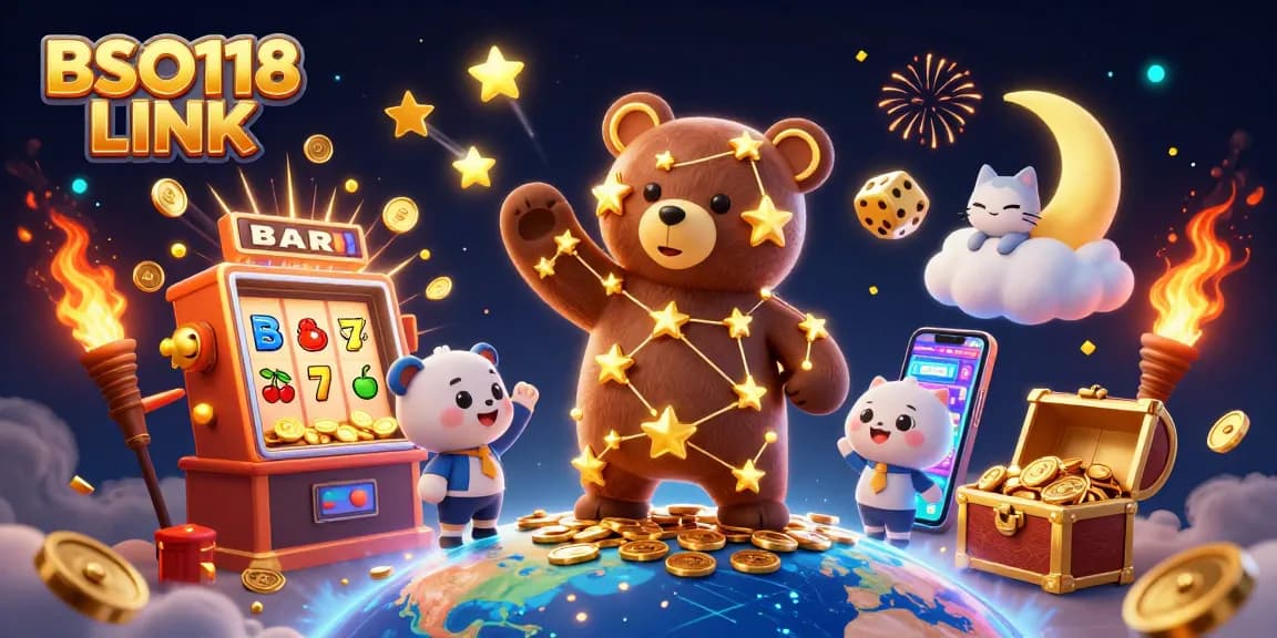 Engage with BSO118 LINK's thrilling jackpot scene featuring a constellation bear and vibrant casino elements.