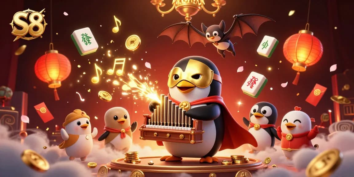 S8 captivates with a phantom opera penguin creating golden coins in a lively casino scene.