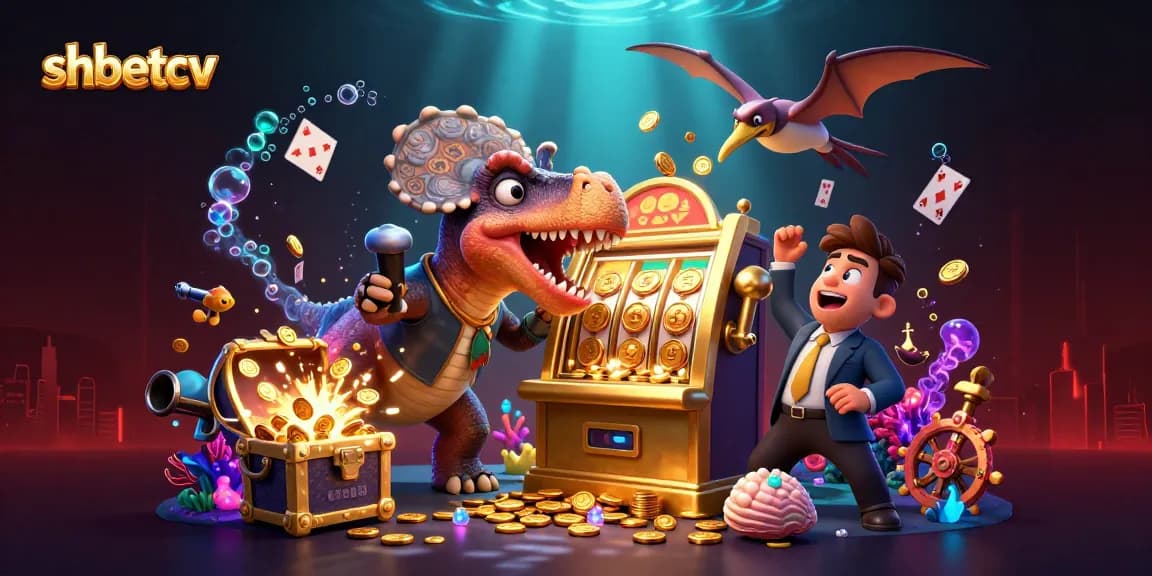 Exciting shbetcv scene where a dinosaur hits a slot machine, surrounded by coins and casino elements.