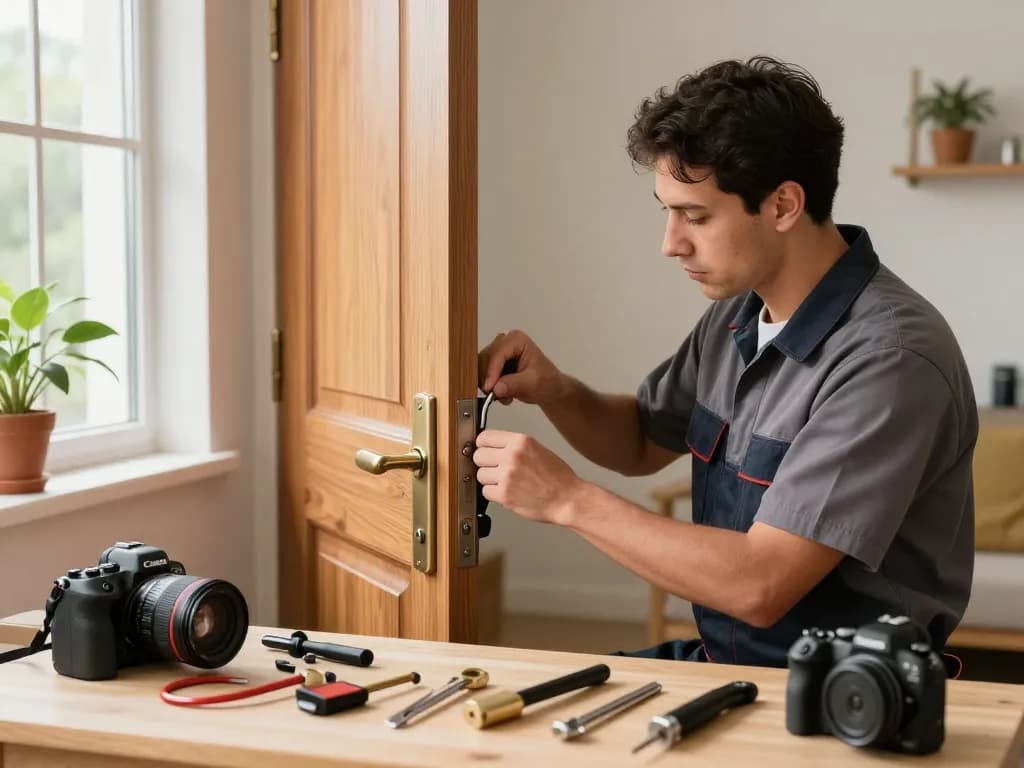 PSL Lock and Key locksmith expertly installing a high-security lock in a cozy home environment, showcasing professionalism and trust.