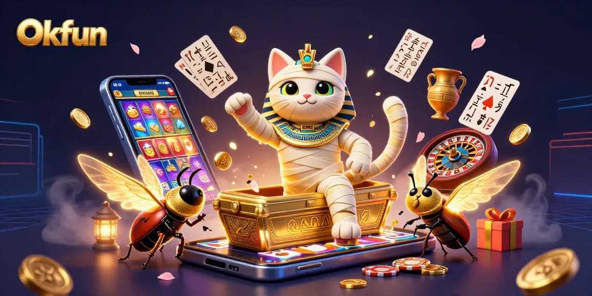Engage with Okfun's thrilling casino adventures featuring a vibrant 3D scene of a mummy cat and games.