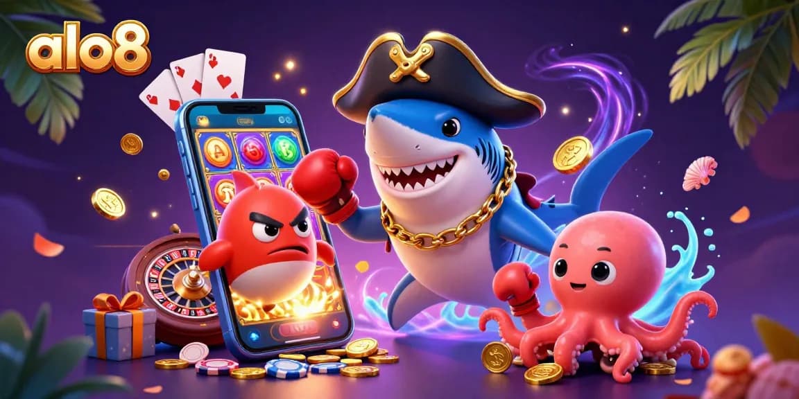 Engage with exciting gambling elements in the alo8 world featuring a pirate shark, pufferfish, and octopus with gold coins.