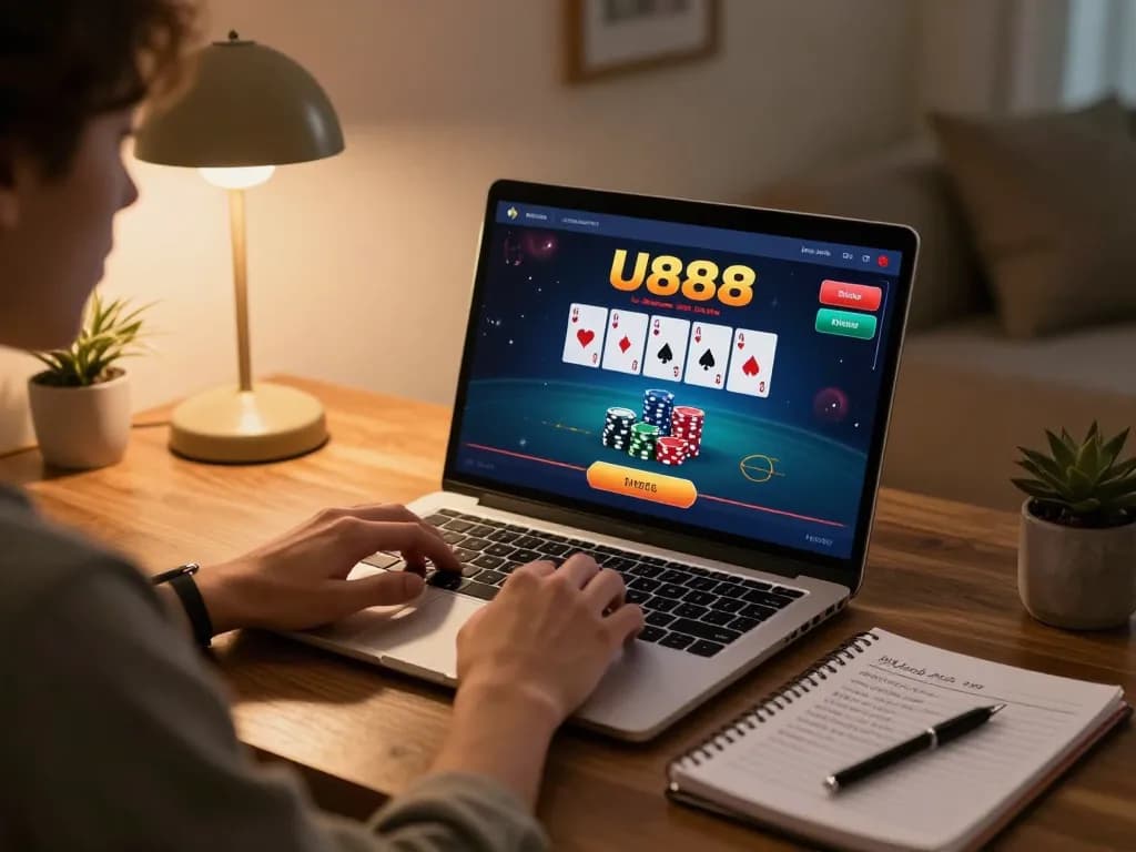 Experience strategic betting at U888 from a cozy home setup with laptop interface.