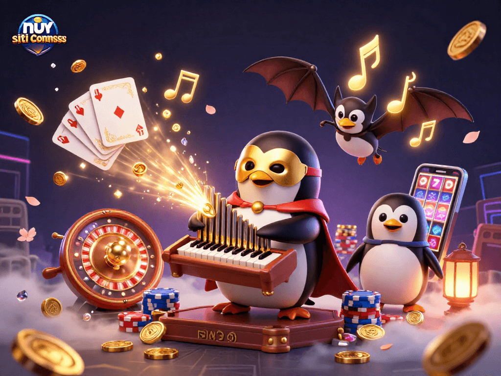 Giocando nei nuovi siti scommesse, il pinguino fantasma opera l'organo d'oro mentre piovono monete.