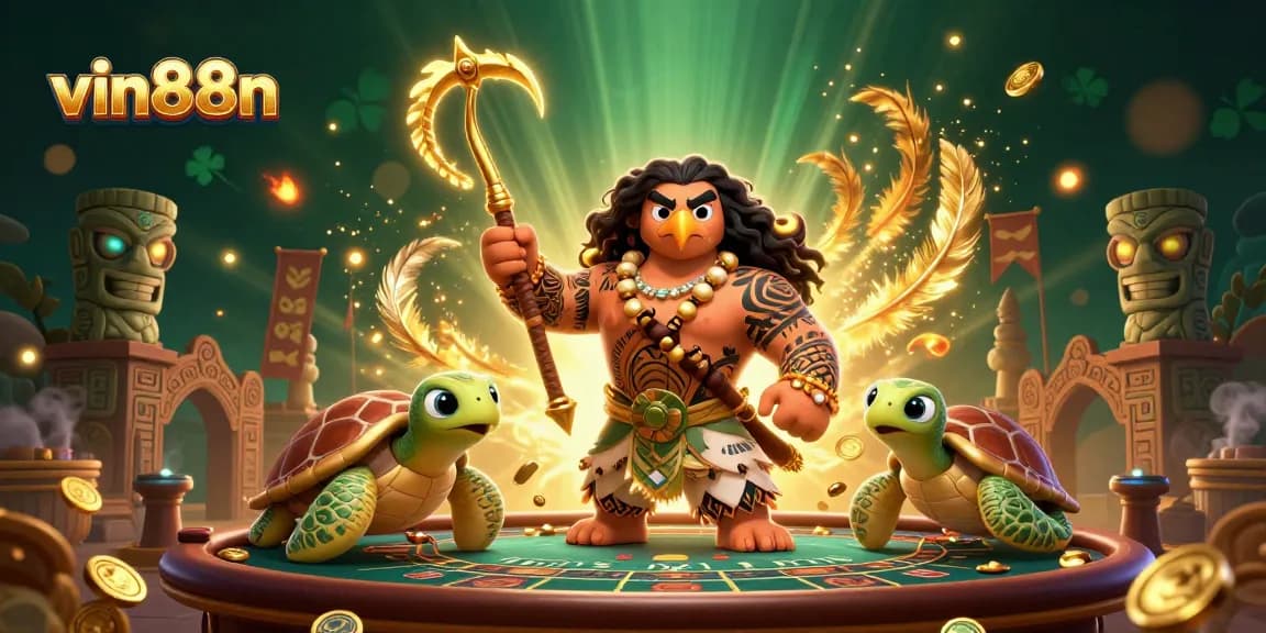 Experience thrilling games at vin88n with our cartoon demigod and turtle in a vibrant casino setting.