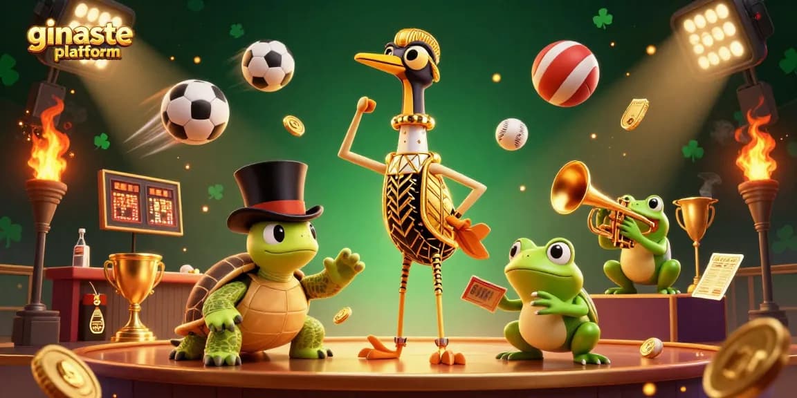 Engage with the ginaste platform through an exciting 3D gaming scene filled with vibrant characters and sports elements.