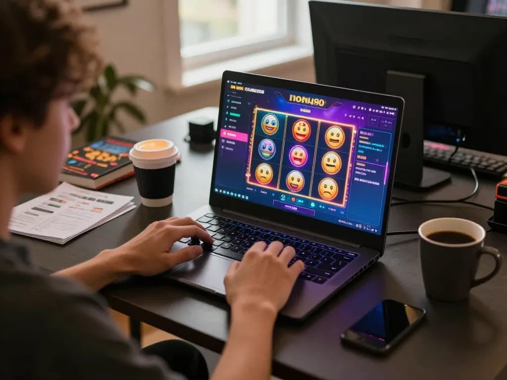 Engaged player enjoying nohu90 online gaming experience on a laptop, showcasing vibrant slot interface.