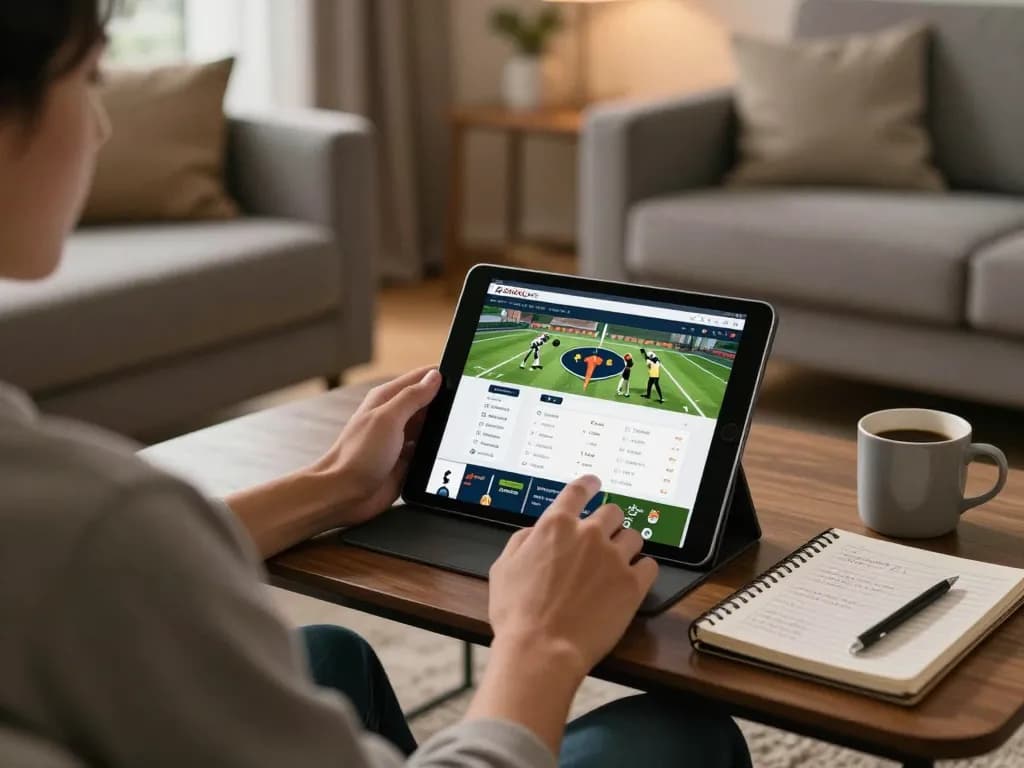 SOCOLIVE app displayed on a tablet while placing sports bets in a cozy living room setup.