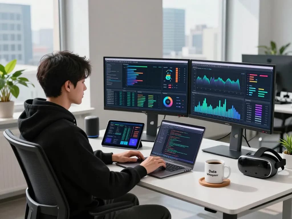 Data scientist analyzing hbet solutions in a modern tech workspace with vibrant visualizations and gadgets.