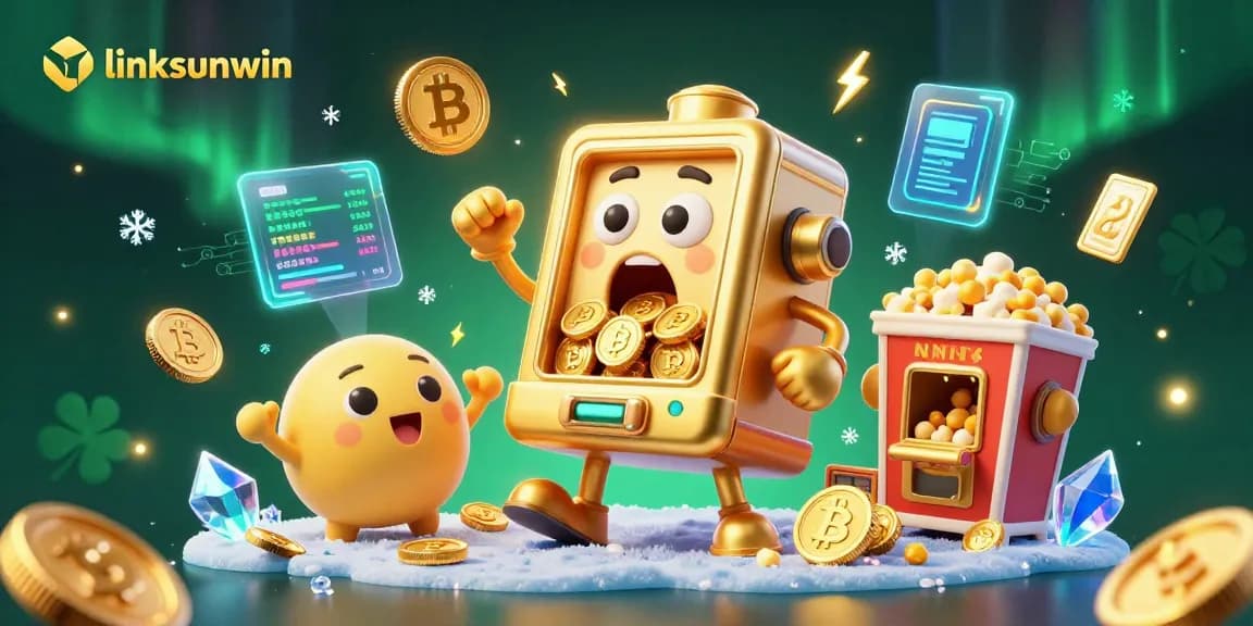 Win big with linksunwin as the golden slot machine hits a jackpot, surrounded by cheering characters.