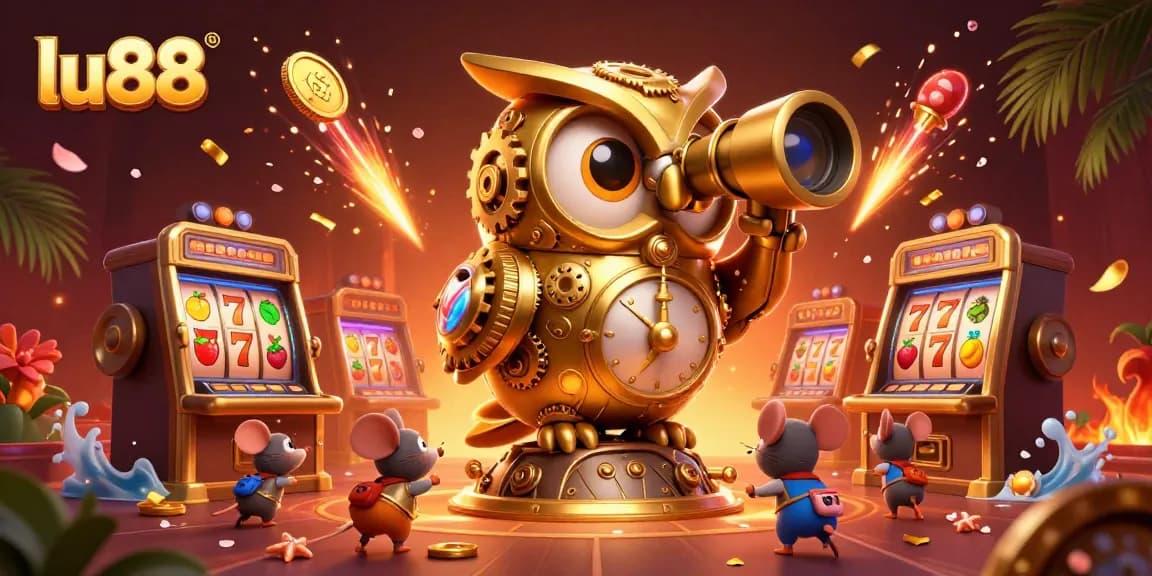 Engage with lu88's vibrant casino world featuring a golden owl and lively slot machines.